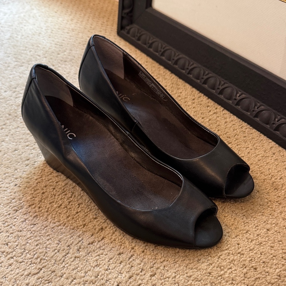 Vionic Black Peep-Toe Wedges